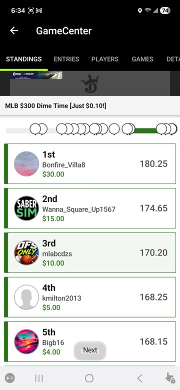 MLB $300 Dime Time, 3rd place