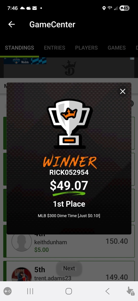 DFS Only — 1st Place MLB $300 Dime Time Win $49.07