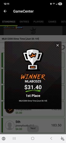DraftKings result showing a 1st place finish